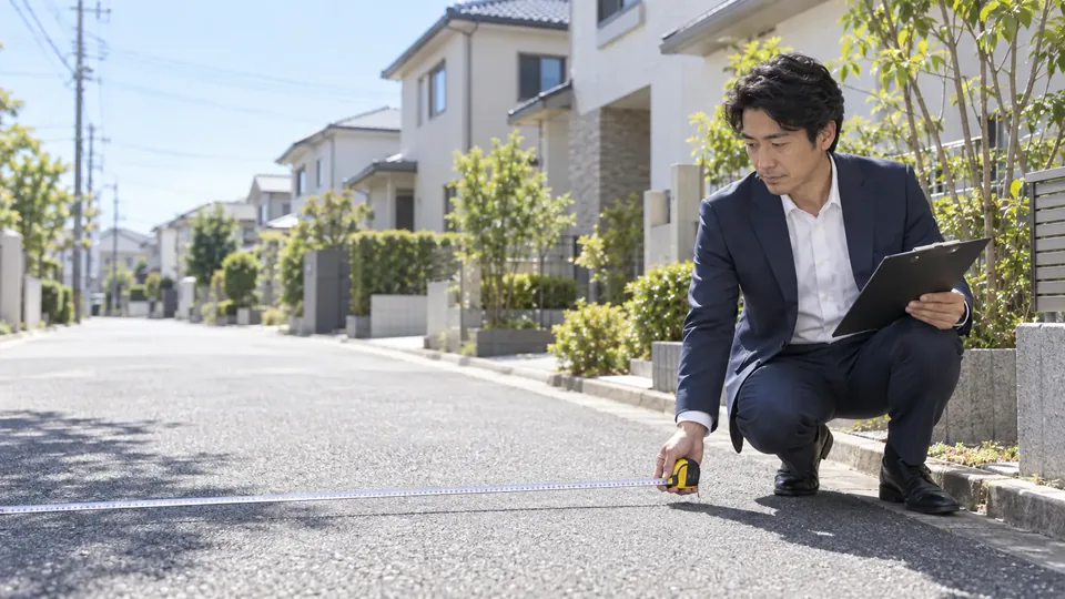 現地で道路の幅を測る担当者