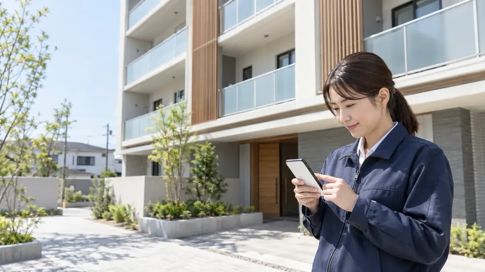 マンションの前でスマホを見る管理担当者