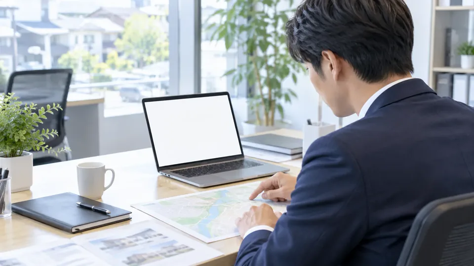 机の上の地図を指でさして調べる担当者