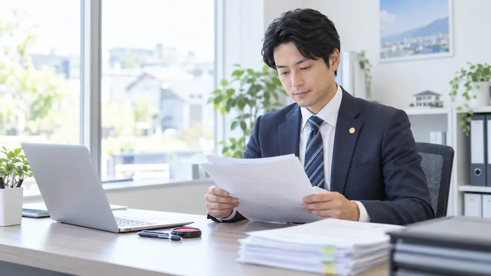 書面を両手で持って確かめる宅建士