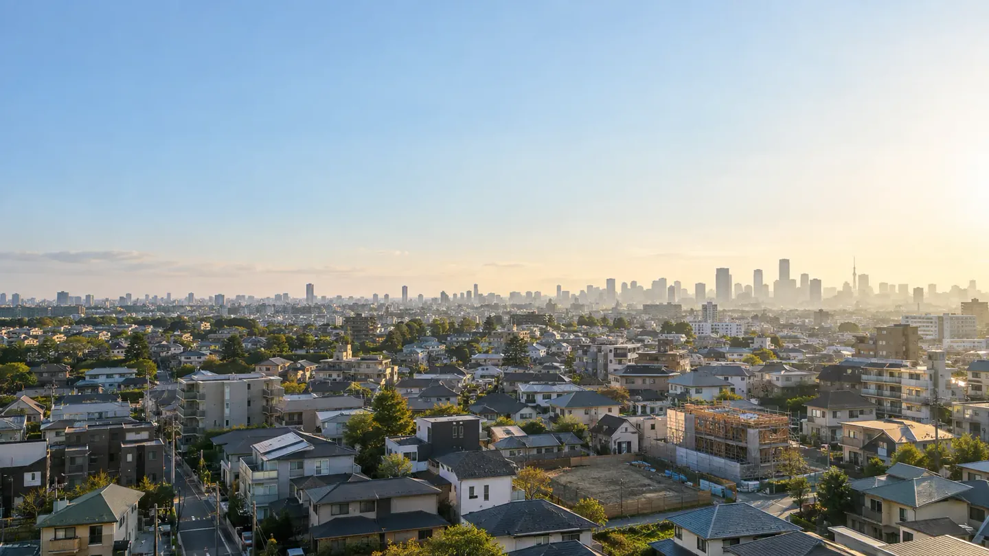 朝の住宅街と、遠くにかすむ高層ビル